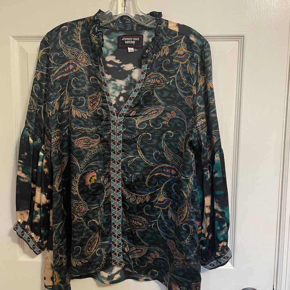 Johnny Was Teal and Gold Paisley Blouse